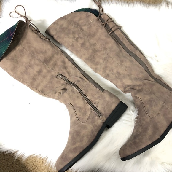 Lust for Life Shoes - Suede Knee Length Taupe/Tartan Boots